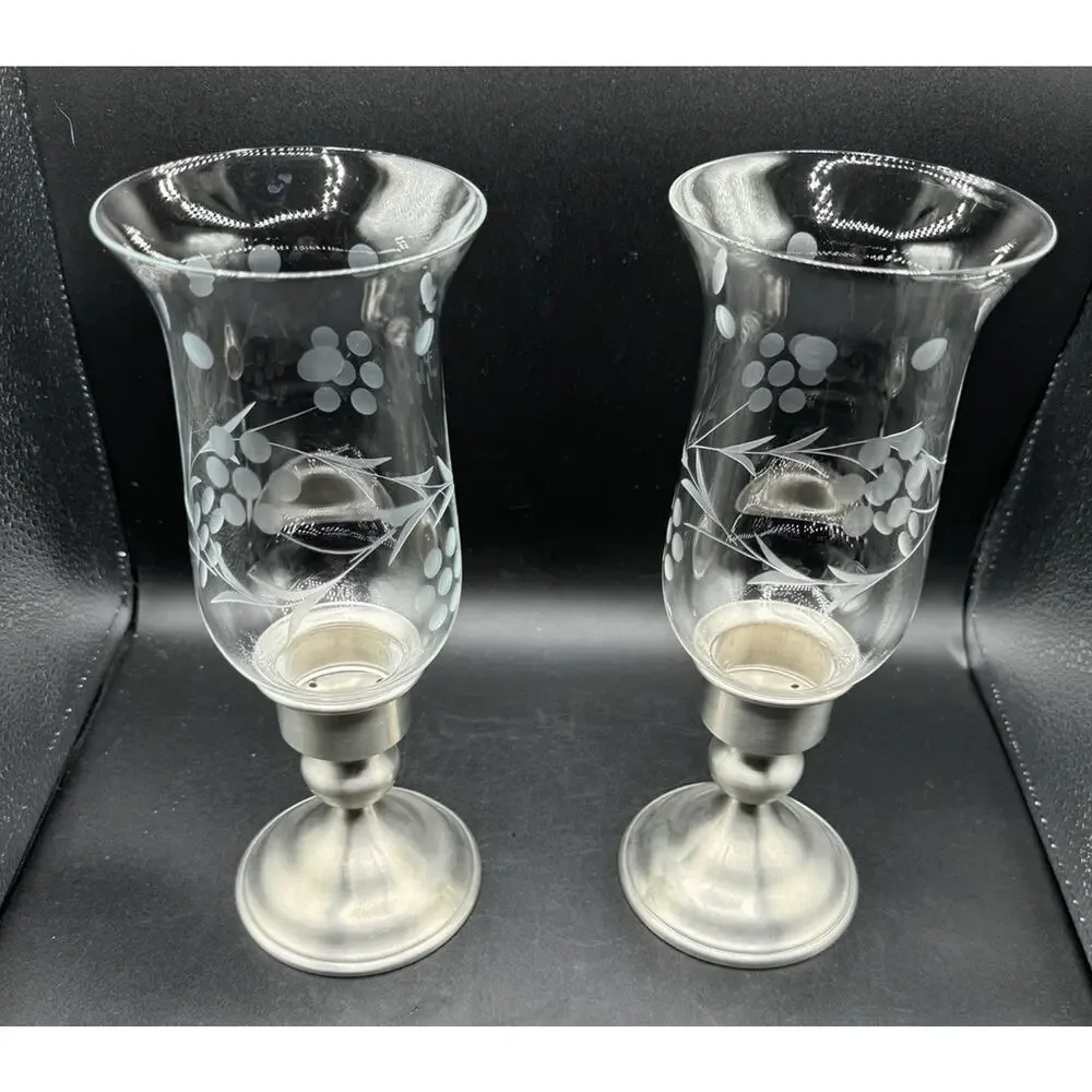 Kirk Weighted Pewter Candlesticks Etched Glass Hurricane Shades Set Of 2 -A95